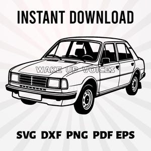 May include: Black and white line art illustration of a classic car. The image includes the text "INSTANT DOWNLOAD" at the top, "WAKE UP VOICES" in the middle, and "SVG DXF PNG PDF EPS" at the bottom.