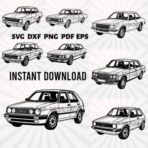 Könnte beinhalten: Schwarz-Weiß-Illustrationen von Oldtimern in verschiedenen Ausführungen. Der Text "SVG DXF PNG PDF EPS" und "INSTANT DOWNLOAD" ist enthalten. Der Satz "WAKE UP VOICES" ist ebenfalls sichtbar.