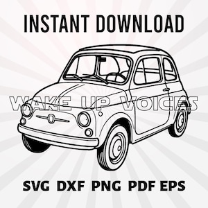 Könnte beinhalten: Schwarz-Weiß-Illustration eines Oldtimers. Der Text "INSTANT DOWNLOAD" steht oben, "WAKE UP VOICES" verläuft über dem Auto und "SVG DXF PNG PDF EPS" steht unten im Bild.