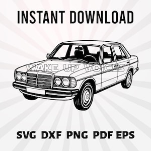 May include: Black and white line art illustration of a classic car with the text "INSTANT DOWNLOAD" above and "WAKE UP VOICES" on the car. Below the car are the file types: SVG DXF PNG PDF EPS.