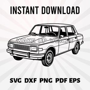 Puede incluir: Ilustración en blanco y negro de un coche sedán clásico con el texto "WAKE UP VOICES" en el lateral. La imagen también incluye las palabras "DESCARGA INSTANTÁNEA" y opciones de tipo de archivo: SVG, DXF, PNG, PDF, EPS.