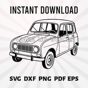 Könnte beinhalten: Schwarz-Weiß-Illustration eines Oldtimers mit dem Text "WAKE UP VOICES" darüber. Die Worte "INSTANT DOWNLOAD" stehen über dem Auto und "SVG DXF PNG PDF EPS" darunter.