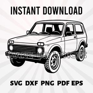 Puede incluir: Ilustración en blanco y negro de un todoterreno clásico. La imagen incluye el texto "INSTANT DOWNLOAD" en la parte superior y "WAKE UP VOICES" y formatos de archivo en la parte inferior. El vehículo tiene neumáticos grandes y una carrocería robusta y angular.