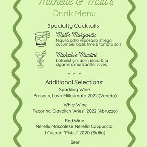 Carte des boissons de mariage ; Carte de boissons de spécialité ; Carte de boissons fantaisiste personnalisée