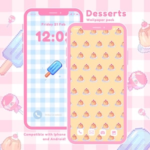 May include: A digital wallpaper pack titled Desserts featuring two smartphone screens. One screen displays a blue and white checkered pattern with a pixelated popsicle, while the other shows a repeating pattern of pixelated custard puddings.