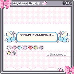 May include: A pixel art digital overlay featuring a light pink and white checkered background with a gray window frame. The text reads Angelcore Alerts, New Follower, and @SKII_RYU. It includes light blue wings, crosses, hearts, and pink bows.