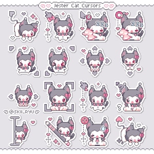 May include: A collection of pixel art stickers titled Jester Cat Cursors, featuring a black and white cat character with pink accents in various poses, including sleeping, pointing, and interacting with cursor icons like arrows and question marks.