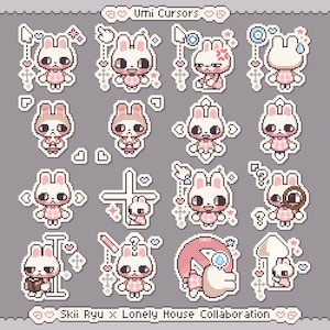 Könnte beinhalten: Eine Sammlung von Pixel-Art-Hasen-Cursor-Designs in verschiedenen Posen und mit unterschiedlichem Zubehör. Die Hasen sind hauptsächlich weiß mit rosa Akzenten und tragen rosa karierte Kleider. Der Text "Umi Cursors" und "Skii Ryu x Lonely House Collaboration" ist sichtbar.