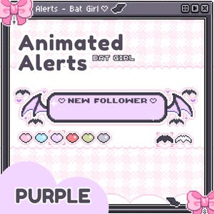 May include: Animated alerts graphic with a purple theme. The design includes text that reads "Animated Alerts" and "Bat Girl." A banner displays "New Follower" with bat wing and heart accents. Additional colour options are shown below.