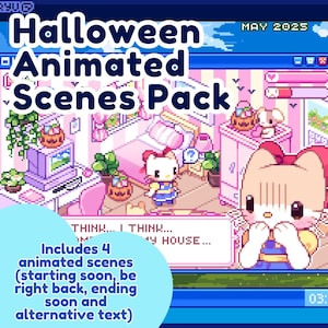 Può includere: Grafica pixelata per un pacchetto di scene animate di Halloween. L'immagine presenta un simpatico personaggio dei cartoni animati con un vestito blu, una scena di camera da letto con un computer e il testo "Halloween Animated Scenes Pack". L'immagine include il testo "Includes 4 animated scenes".