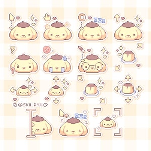 May include: A collection of pixelated stickers featuring a cute, yellow character with a brown hat. The stickers display various expressions and actions, including sleeping, thinking, and eating pudding. The background is a light beige checkered pattern.