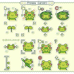 May include: A digital pixel art set titled Froggy Cursors featuring various green frog characters in different poses, including sleeping on lily pads, holding a pencil, and displaying directional arrows, all set against a light yellow background.