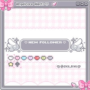 Puede incluir: Una superposición de arte digital en píxeles con un fondo a cuadros rosa claro y blanco y un borde gris. Muestra el texto Angelcore Alerts, New Follower y @SKII_RYU, decorado con lazos rosas, alas de ángel, cruces y corazones pequeños.