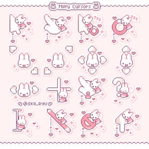 Op de afbeelding: Een verzameling pixel art cursor ontwerpen met een wit konijn karakter met roze accenten. De ontwerpen omvatten verschillende poses en vormen, zoals harten, handen en letters, allemaal tegen een lichtroze achtergrond met decoratieve elementen.