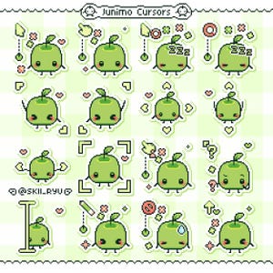May include: A grid of pixel art Junimo Cursors in various poses and expressions. Each green, apple-shaped character has a leaf on top. Some have hearts, question marks, or other icons. The text "Junimo Cursors" is at the top.