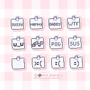 May include: Pixel art stickers on a pink and white checkered background. Each sticker is a white sticky note with a pixelated design and text, including "SUSSY", "MOMMY", "DADDY", and "WTF".