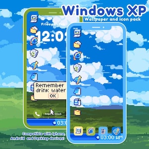 Könnte beinhalten: Zwei Smartphones, die ein pixeliges Windows XP-Design mit einem blauen Himmel-Hintergrundbild und verschiedenen Symbolen anzeigen. Der Text "Windows XP Wallpaper and icon pack" ist sichtbar. Ein Telefon zeigt die Uhrzeit 12:01 Uhr, das andere 12:02 Uhr. Unten steht "03:00 AM".