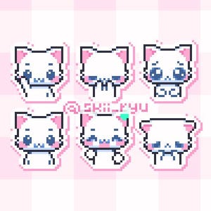 May include: A collection of six pixel art cat stickers. Each white cat has pink ears and cheeks, blue eyes, and a unique pose. The background is a pink and white checkered pattern.