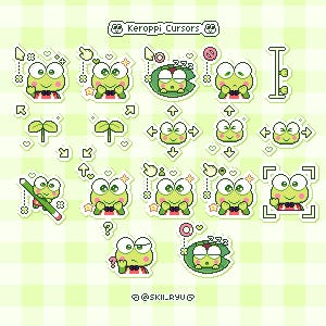 Puede incluir: Una colección de diseños de cursores de rana Keroppi pixelados en varias poses y acciones, incluyendo un lápiz, una rana durmiendo en una hoja de nenúfar y flechas direccionales. El fondo es un patrón de cuadros verde claro.