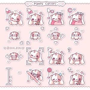 Peut inclure: Une collection de curseurs pixel art représentant un chiot blanc et marron clair dans diverses poses. L'ensemble comprend des icônes avec des cœurs, des étoiles et des symboles interactifs sur un fond rose pâle avec le texte Puppy Cursors.