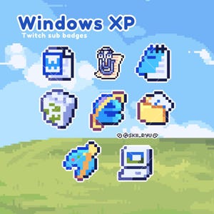 May include: A collection of pixelated Windows XP Twitch sub badges. The badges include icons of a document, a paperclip, a notepad, a cloud, the Internet Explorer logo, a folder, a blue and orange icon, and a computer.