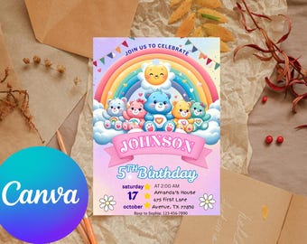 Care Bears Birthday Invitation | Editable Girl Party Invite | 2nd Birthday Invitation | Rainbow Teddy Bear Theme | Canva Template