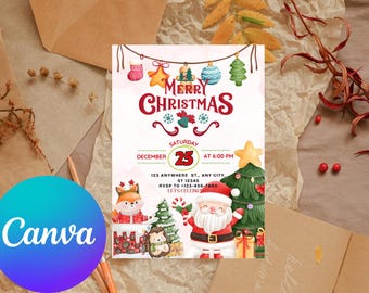 May include: A Christmas invitation card with the text "Merry Christmas" in red script. The card features illustrations of Santa Claus, a Christmas tree, and festive decorations. The date is December 25th at 6:00 PM.