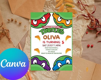 May include: A Teenage Mutant Ninja Turtles birthday invitation with green, red, orange, and purple accents. The invitation includes the name "Oliva", the age "5", and event details. Pizza slice graphics are also included.