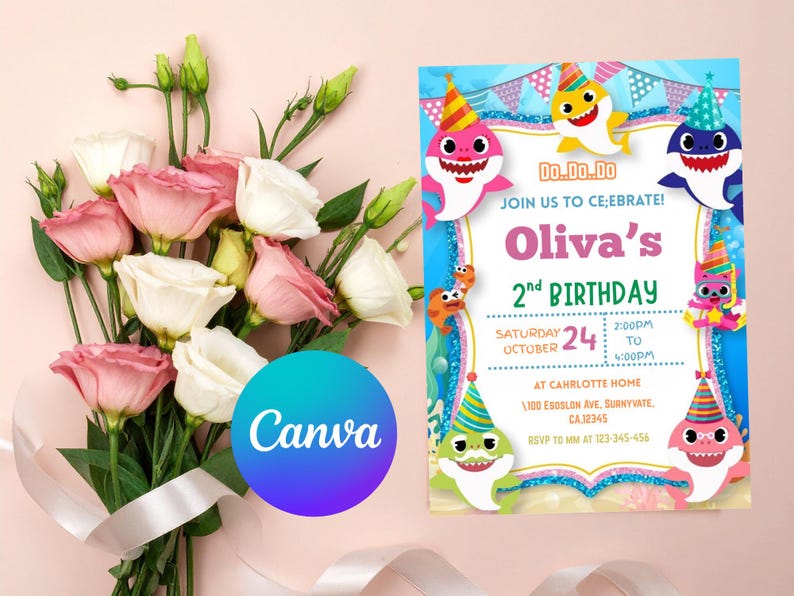 Sharks And Roses Editable Shark Birthday Invitation, Pool Party Template (digital ...
