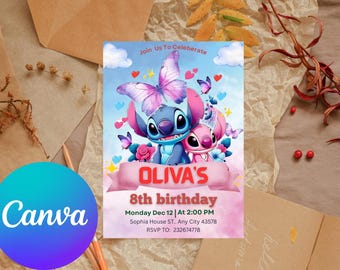 Stitch Birthday Invitation, Lilo Stitch Birthday Invite, Girl Party Birthday Invitation, Editable Stitch Invitation