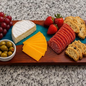 Handcrafted Charcuterie Tray with Blue Epoxy Inlay and Handles – Personalized Serving Board by Wyld Grain Boards