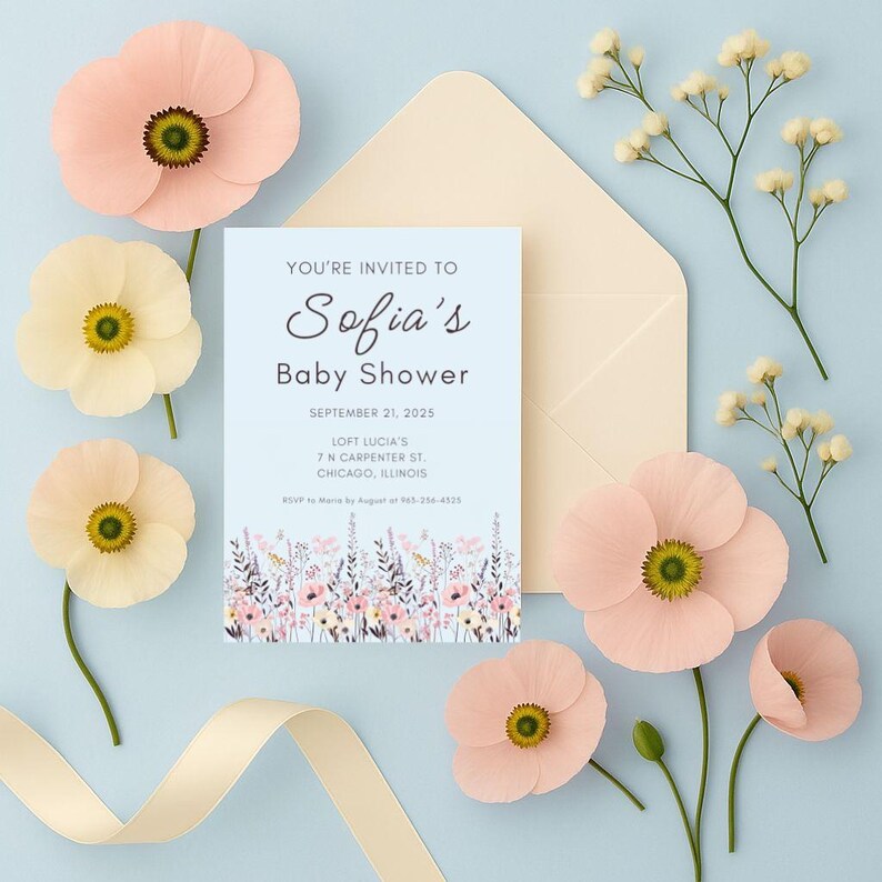 May include: A baby shower invitation with the text "Sofia's Baby Shower" on a light blue background, surrounded by pink and yellow paper flowers, a cream envelope, and sprigs of white flowers. A cream ribbon is also present.