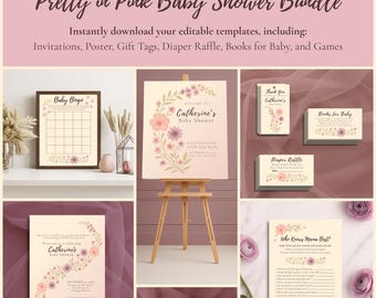 Pink Floral Baby Shower Template Bundle • Printable Canva Invitation (Editable)