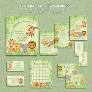May include: A baby shower bundle with a jungle theme. Includes a poster, invitations, favor tags, and games. The design features cartoon animals like giraffes, lions, monkeys, and elephants, with the text "A Wild Adventure Awaits!"