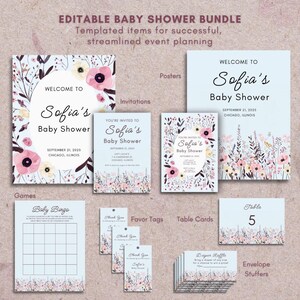 May include: A baby shower bundle with floral designs. Includes invitations, posters, games, favor tags, table cards, and envelope stuffers. The text reads "Welcome to Sofia's Baby Shower" and "Baby Bingo". The color scheme is light blue, pink, and white.
