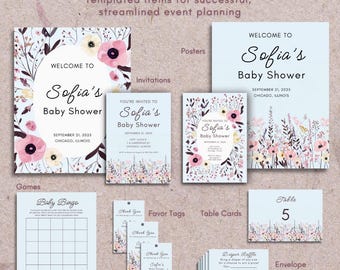 Baby Shower Template Bundle • Editable Invitation, Games, Welcome Signs, Diaper Raffle, Tags • Digital Download