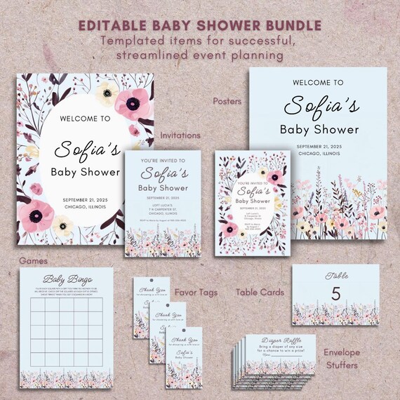 Baby Shower Template Bundle • Editable Invitation, Games, Welcome Signs, Diaper Raffle, Tags • Digital Download