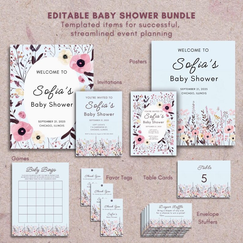 May include: A baby shower bundle with floral designs. Includes invitations, posters, games, favor tags, table cards, and envelope stuffers. The text reads "Welcome to Sofia's Baby Shower" and "Baby Bingo". The color scheme is light blue, pink, and white.