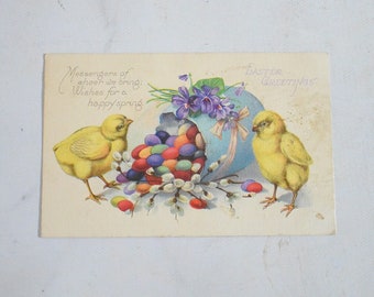 Vintage Easter spring postcard - chicks and eggs - Easter Greetings