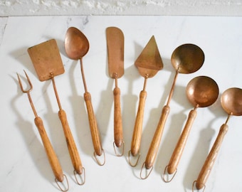 vintage hammered copper cooking utensils with wood handles - set of 8 - Rex Morton