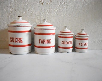 Vintage French White Canister set Sugar Tea Vintage French Enamelware Canister Set Nesting Set Coffee