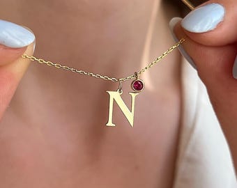 14K gouden eerste ketting met geboortesteen, letterketting, gepersonaliseerde ketting, geboortestenen ketting, verjaardagscadeau, cadeau bruidsmeisje