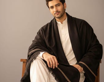Pure Pakistani Men's Black Wool Shawl for Winter Wedding  Soft Warm Shawl...