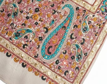 Pashmina. Shawl  Gray| Sozni Embroidered Cashmere Wrap