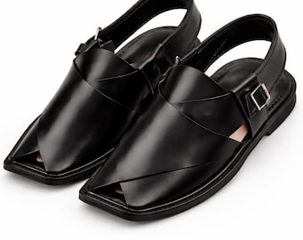 Handmade Black Leather Peshawari Sandals | Pakistani Chappal