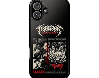 以下が含まれることがあります： 黒い携帯電話ケース。マンガ風のデザインで、「BERSERK」の文字をスタイリッシュなフォントで表示し、イラストと日本語のテキストを配置。ケースの下部には赤と白の斜めストライプがあります。