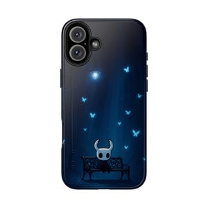 May include: A phone case with a digital illustration of a character from the video game Hollow Knight. The design shows the character sitting on a bench under a street lamp, surrounded by glowing blue butterflies, with a dark blue background.