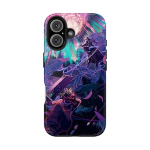 May include: A phone case with a colourful fantasy battle scene illustration. The artwork depicts a character with a large sword, set against a backdrop of swirling purples, blues, and pinks. The case has a black border and a dual-camera cutout.
