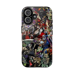 May include: Black phone case with a vibrant collage of video game character illustrations. The case has a glossy finish and a camera aperture. The artwork features figures in diverse poses, with a mix of dark and bright colours.