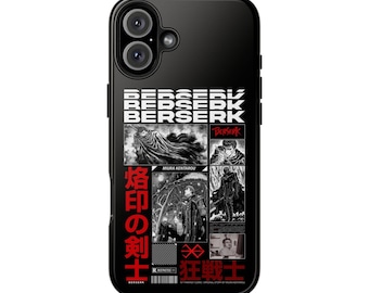 以下が含まれることがあります： 黒いスマートフォンケース。マンガ風コラージュデザインで、「BERSERK」の文字が白で描かれています。白黒のイラストと赤い日本語のテキストも含まれています。スマートフォン用の保護ケースです。